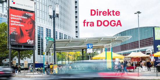Hovedinngangen for bokmessen i Frankfurt, med teksten «Direkte fra DOGA» lagt på som grafikk.