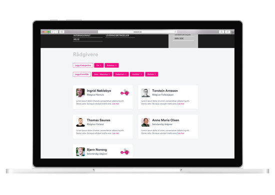 Brukergrensesnitt fra Norsvins nettsider som viser utlisting av kontaktinformasjon til og bilde av rådgivere.