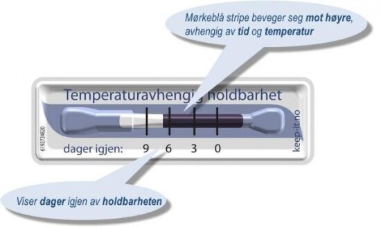 Bilde av en holdbarhetsindikator hvor du ser hvor mange dager som er igjen av holdbarheten til en matvare og temperaturavhengig holdbarhet