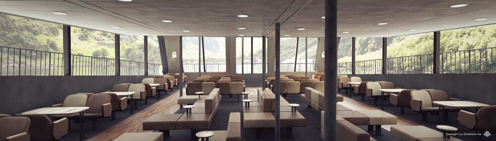 Sightseeingbåten Seasight fra innsiden, møbler og store vinduer med utsikt mot fjorden.
