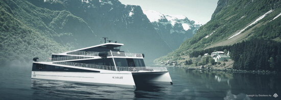 Sighseetingbåten Seasight på Nærøyfjorden med fjell i bakgrunnen.