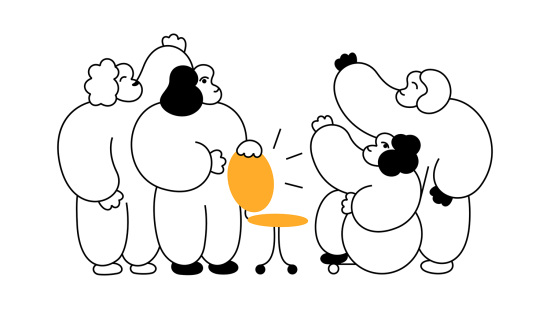 Illustrasjon som symboliserer ledig stilling. Fire personer står rundt tom stol.