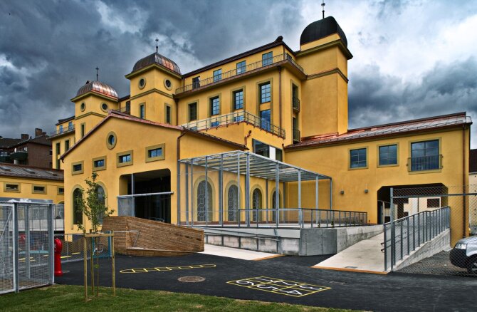 The renovated factory building in stormy Oslo weather