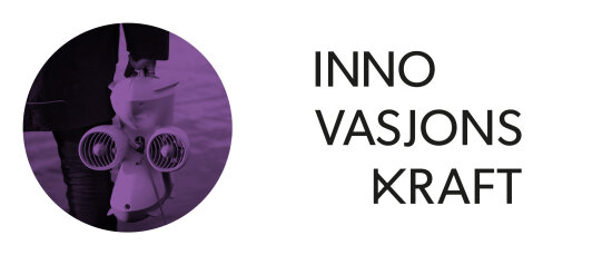 Grafisk element som viser bilde av undervannsdrone i lilla skjær inne i en sirkel til venstre, og logoen 'Innovasjonskraft' til høyre.