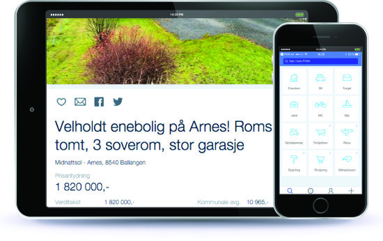 Et nettbrett med sort ramme med en boligannonse med teksten velholdt enbolig på Arnes. Romslig tomt, 3 soverom, stor garasje. Foran til høyre for nettbrettet en sort mobil med ikoner fra finn.no på skjermen.