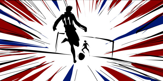 Illustrasjon av fotballspiller som skyter mot mål.