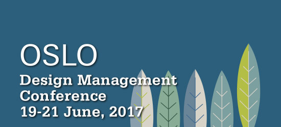 Plakat for Design Management Conference, blå bakgrunn med blader som illustrasjon.