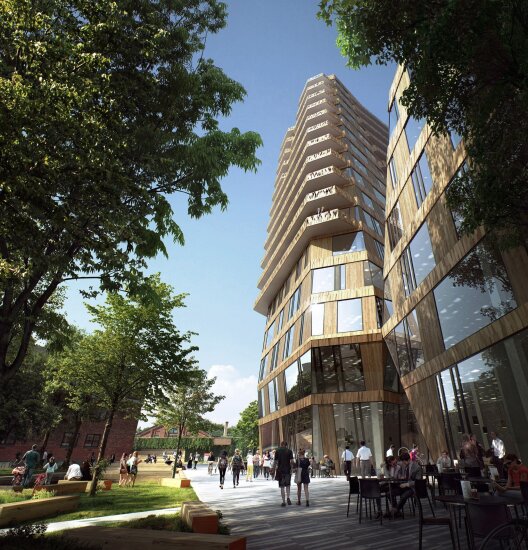 Gullhaug Torg, tegnet av Snøhetta, med en stor bygning i tre.