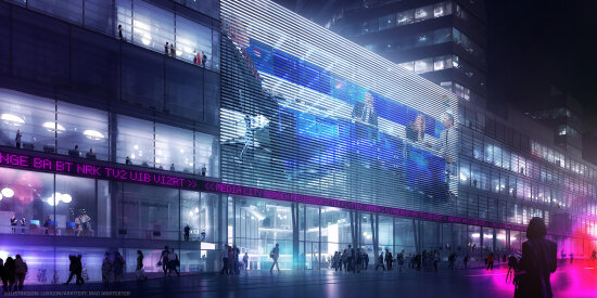 Illustrasjon av fasaden til Media City Bergen.