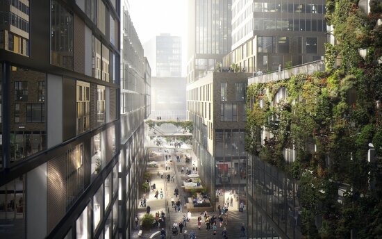 Dataillustrasjon av Region City-prosjektet til Reiulf Ramstad i Gøteborg. Bildet viser et bykompleks ovenfra, med beplantede balkonger og sol.