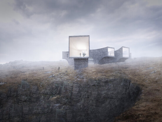 St. Kilda besøkssenter i Skotland. Dette er en dataillustrasjon av Reiulf Ramstad Arkitekter.