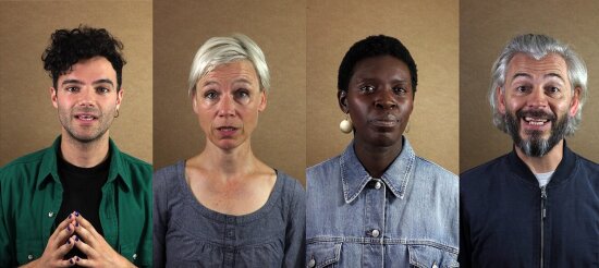 Bildet viser fire mennesker med ulike ansiktsuttrykk
