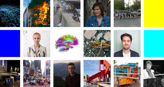 Collage av bilder av kuratorer og tema for Oslo arkitekturtriennale 2019