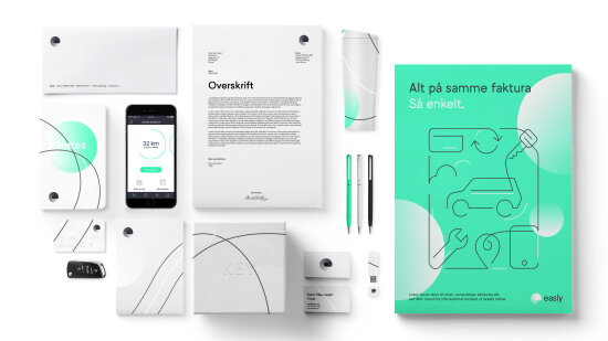 Mock-up på grafisk profil tatt ut på ulike elementer (telefon, penner, brevmaler, kaffekopper osv.)