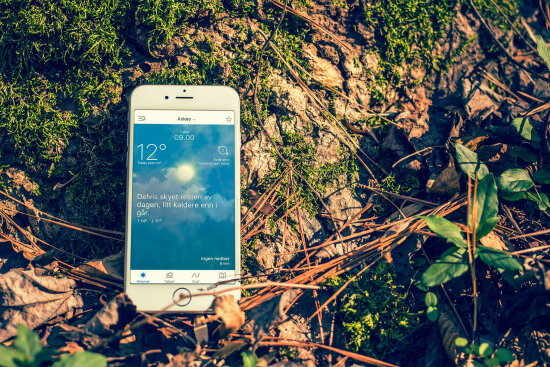Skjermbilde av Yr-app på smarttelefon liggende i naturen.