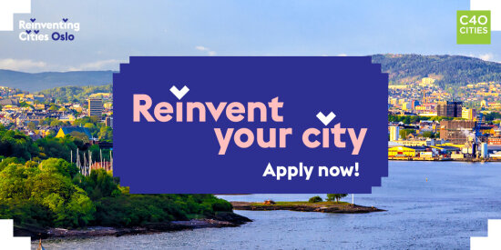 Illistrasjon av Reiventing Cities med bilde av Oslo i bakgrunnen.