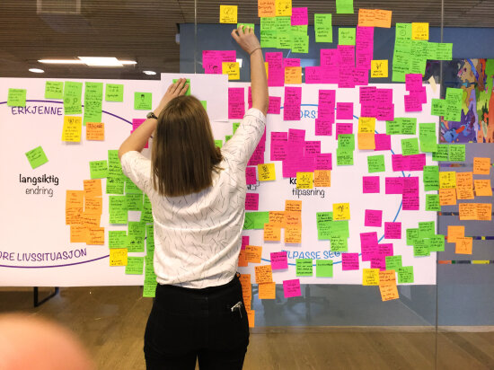 Workshop i prosjektet Bedre luftkvalitet. Dame foran vegg med post it-lapper.