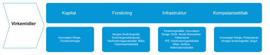 Modell over virkemiddelapparatet, hentet fra Statsbudsjettet 2017. Kapital: Innovasjon Norge, Fondsordninger. Forskning: Norges forskningsråd, forskningsinstitusjoner, Havforskningsinstituttet, Nifes, Veterinærinstituttet. Infrastruktur: Forskningsrådet, Innovasjon Norge, SIVA, Norsk Romsenter, Patentstyret, IFE, Havforskningsinstituttet, Nifes, Nofima, Veterinærinstituttet. Kompetansetiltak: Innovasjon Norge, Patentstyret, Norges forskningsråd, DOGA.